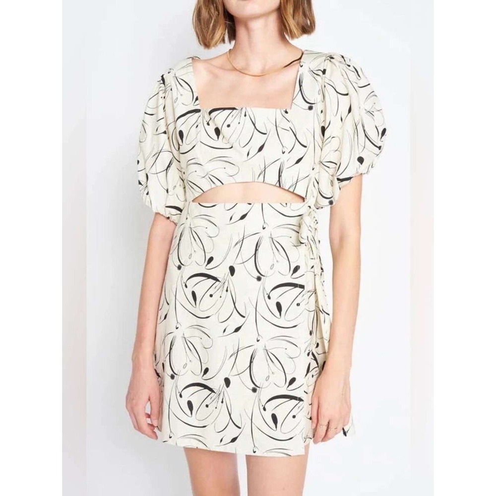 En Saison Iris Cutout Puff Sleeve Mini Dress Size M Cream Black Floral Abstract